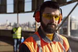 A man in a worksite wearing orange ear protective gear.